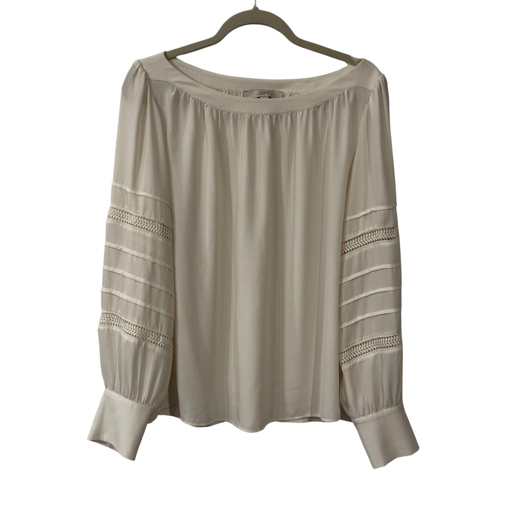 Loft Ivory Long Sleeve Blouse Crochet Lace Pleated Sleeve Scoop Neck Top L